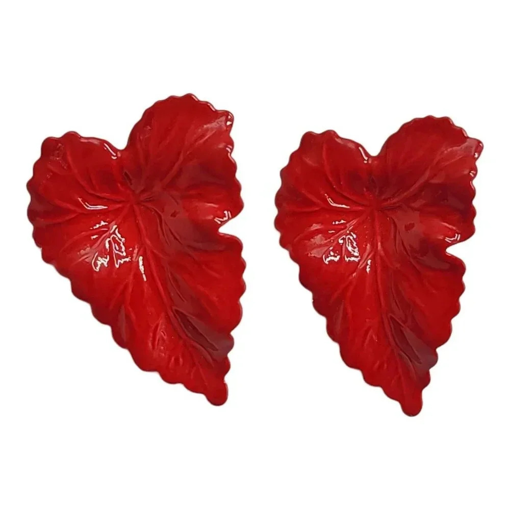 Red Metal Enamel Fall Elephant Ear Leaf Post Earrings Vintage